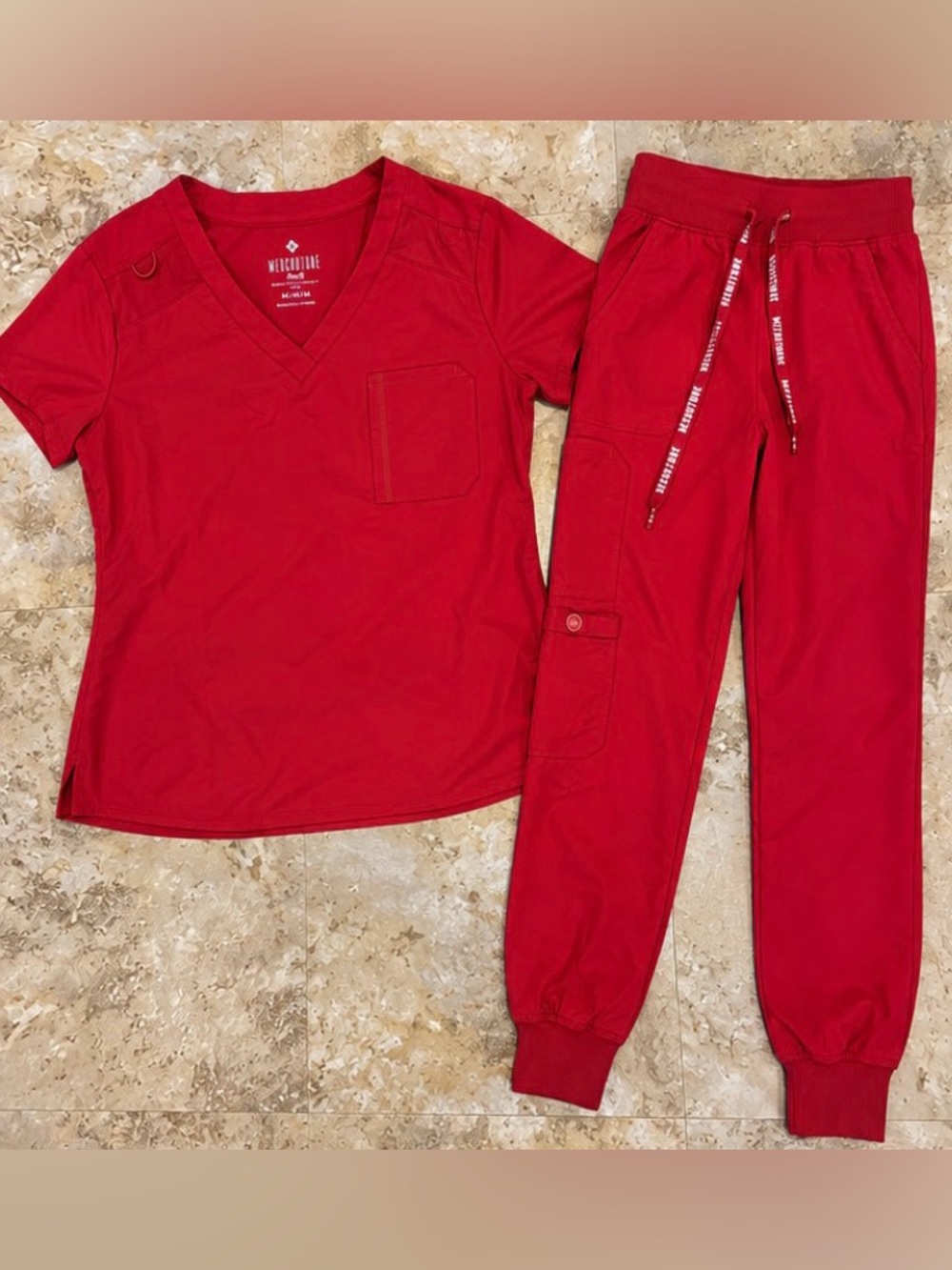 Med Couture Touch Red Scrub Set – Top & Jogger Pants – Size Medium